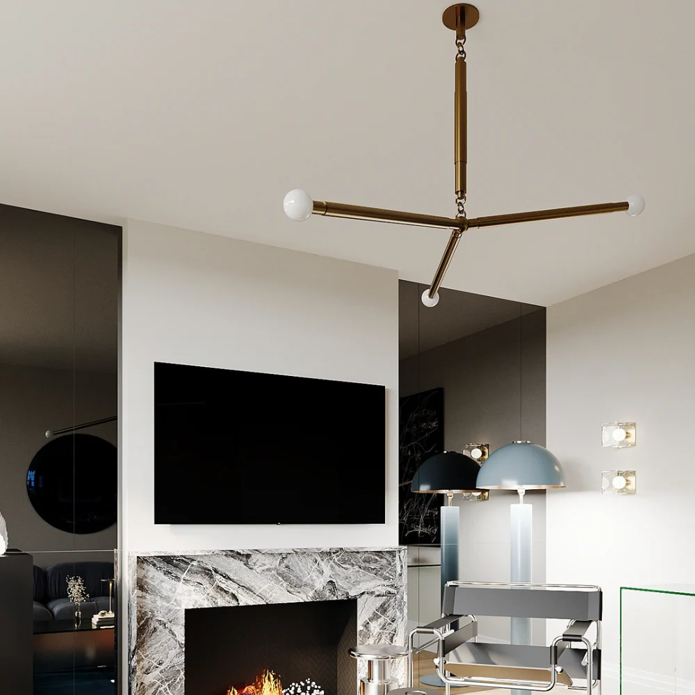 Three Brass Arm Ceiling Light - Minimalist Glass Globe Pendant - Image 9