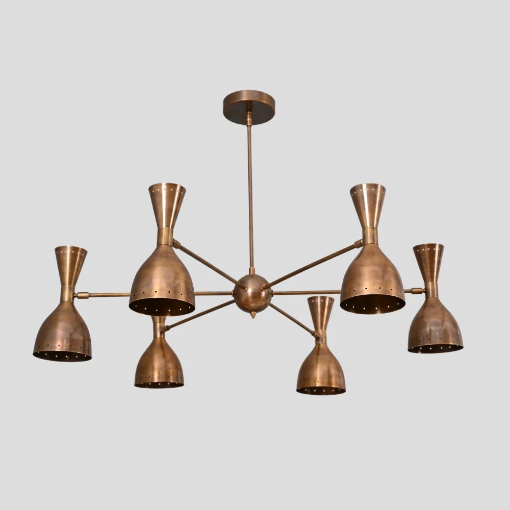 6 Light Brass Sputnik Chandelier - Perforated Shade Ceiling Light - Image 2
