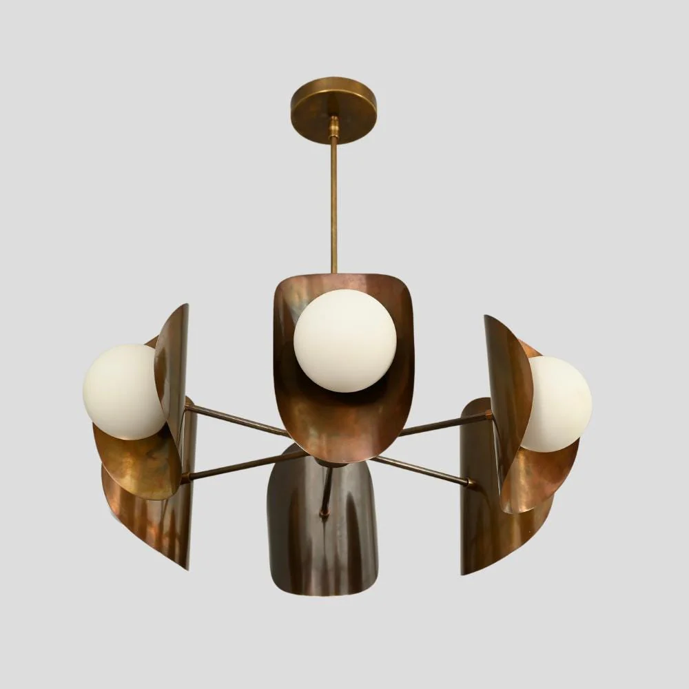 6 Brass Globe Chandelier - Mid Century Ceiling Light - Image 4