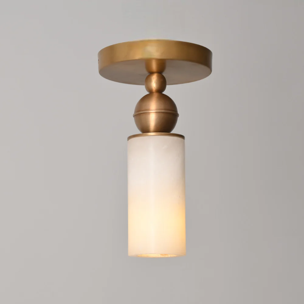 Brass Alabaster Flush Mount - Modern Cylinder Marble Ceiling Light - Image 2