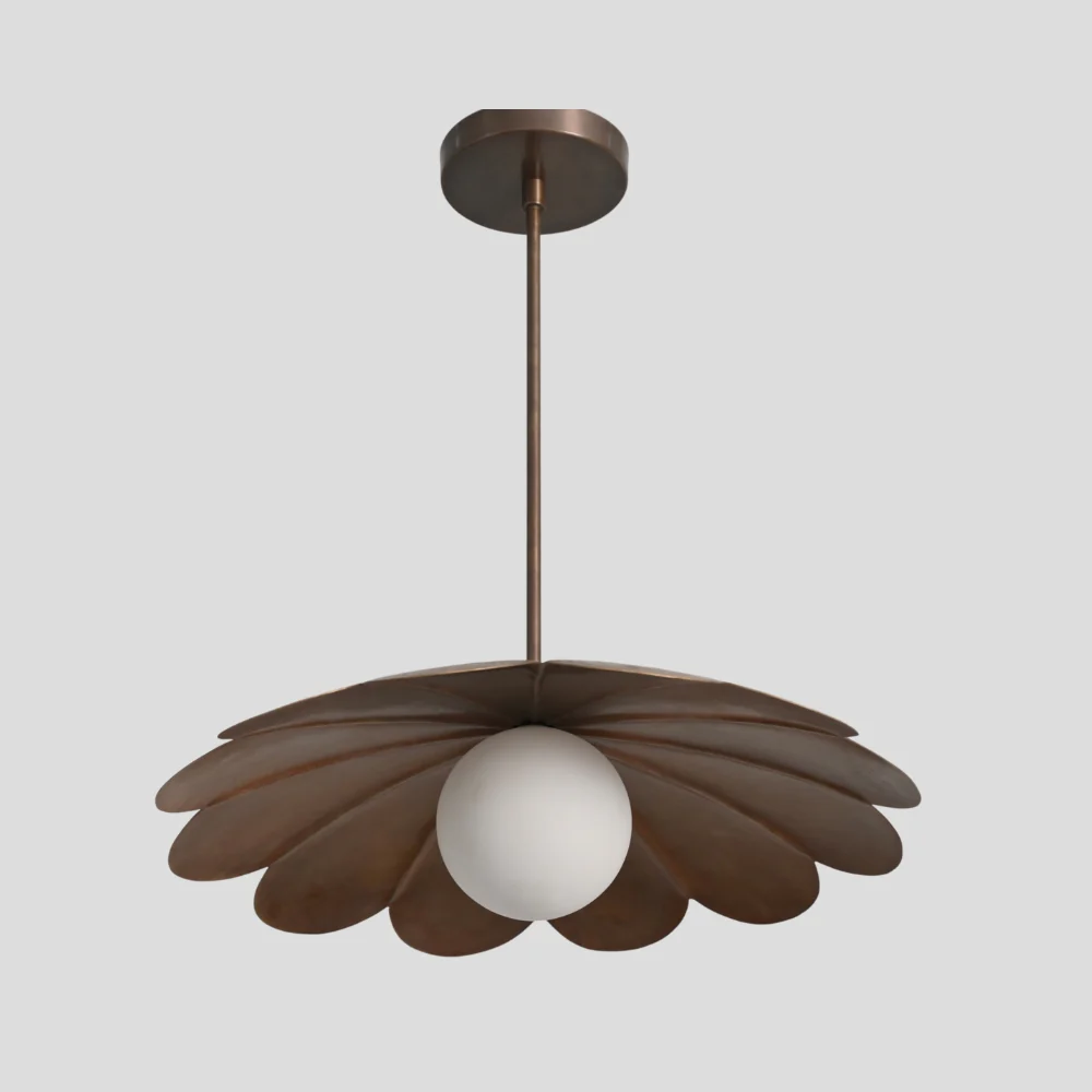 Brass Flower Ceiling Light - Opal Glass Globe Pendant - Image 3