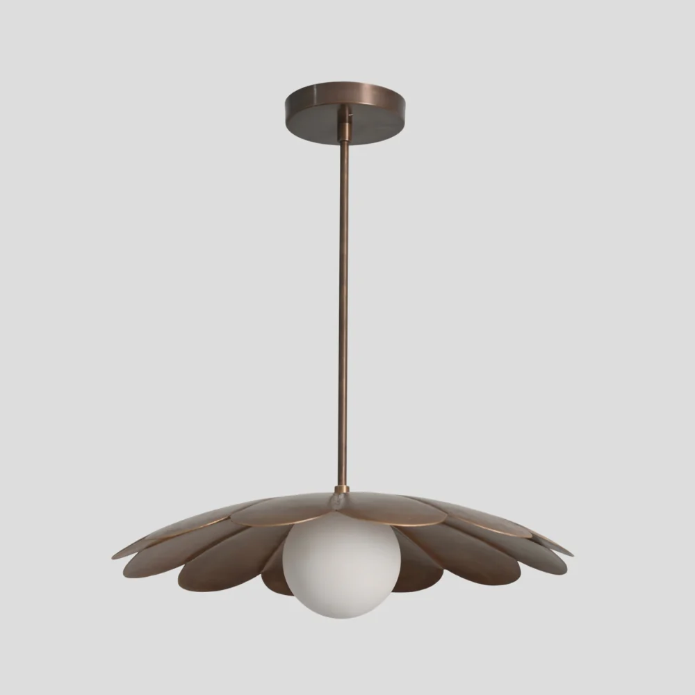 Brass Flower Ceiling Light - Opal Glass Globe Pendant - Image 5