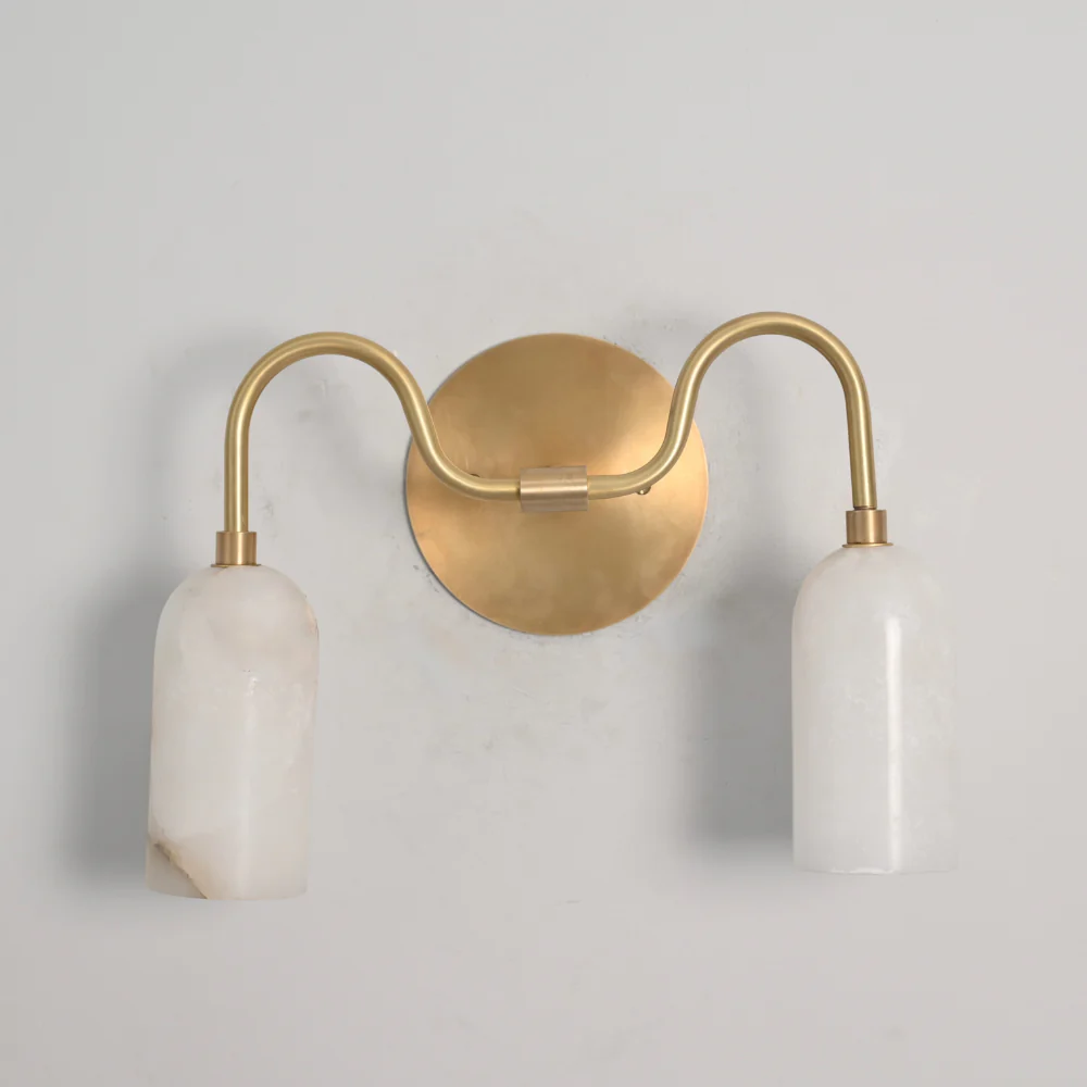 Dual Alabaster Wall Lamp - Brass Curved Vanity Light - Image 2