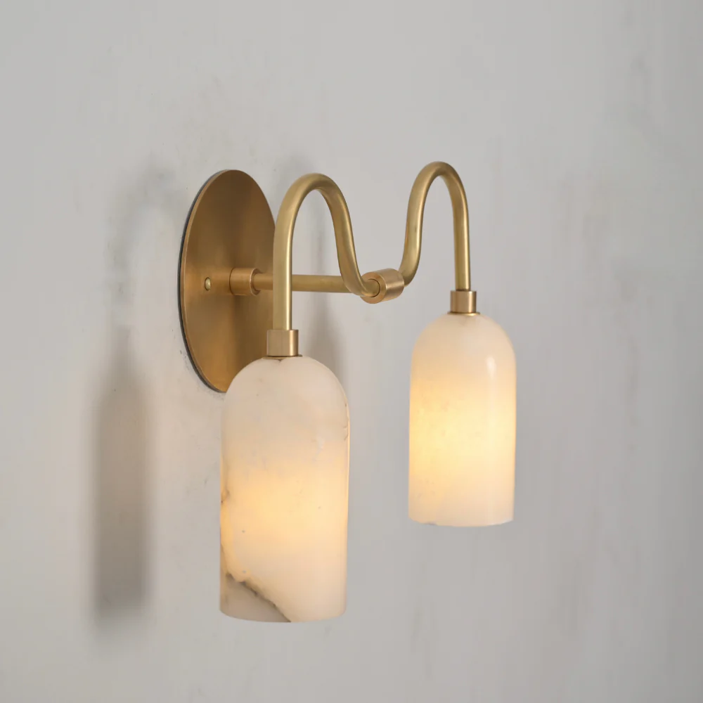 Dual Alabaster Wall Lamp - Brass Curved Vanity Light - Image 5