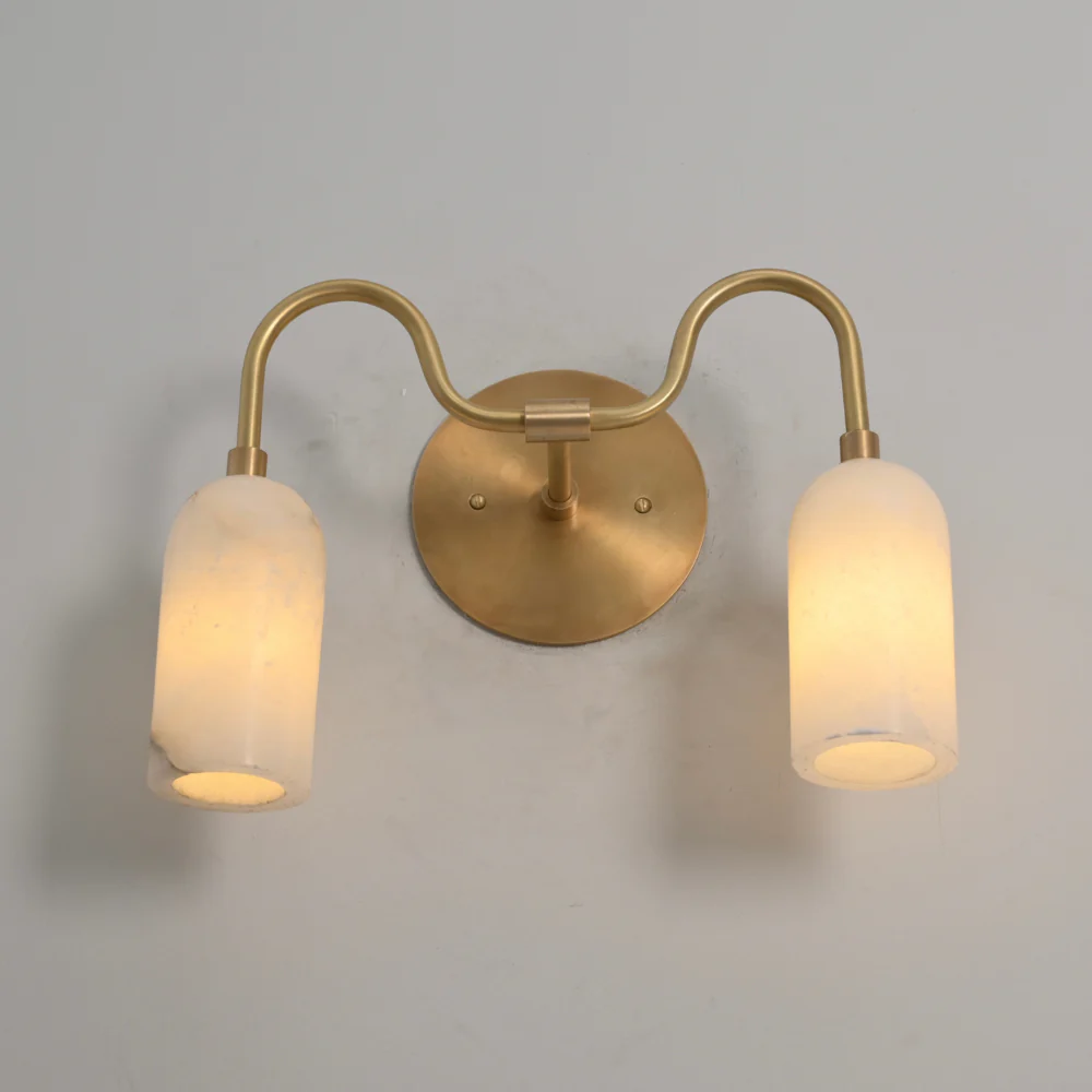 Dual Alabaster Wall Lamp - Brass Curved Vanity Light - Image 6