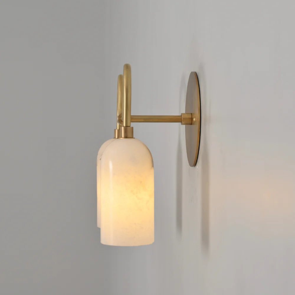 Dual Alabaster Wall Lamp - Brass Curved Vanity Light - Image 8