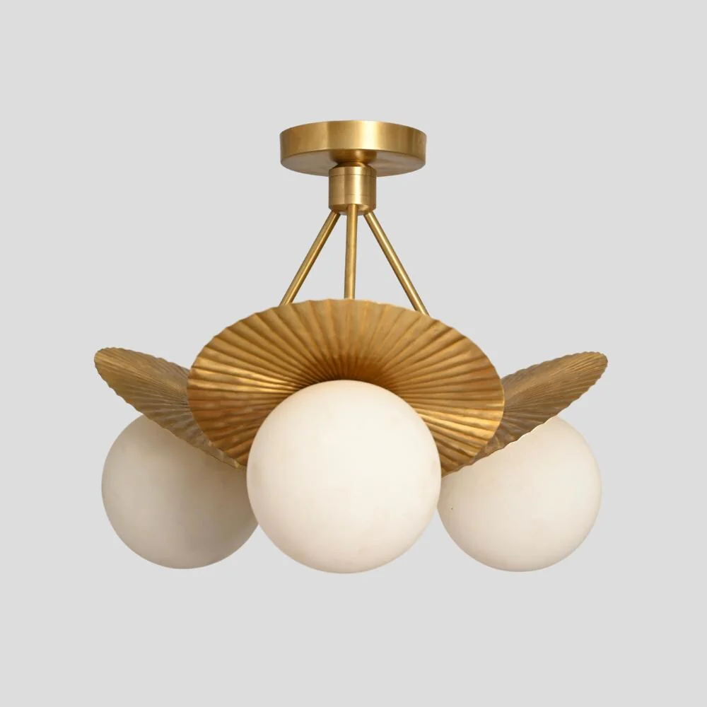 Brass Flush mount Ceiling Light 3 Glass Globe - Mid Century