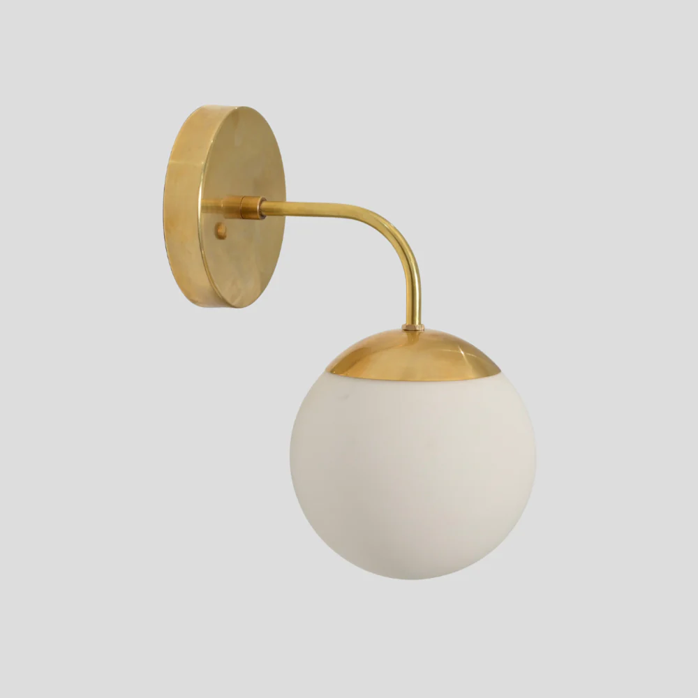 Modern Glass Globe Wall Lamp - Brass Curved Arm Sconce