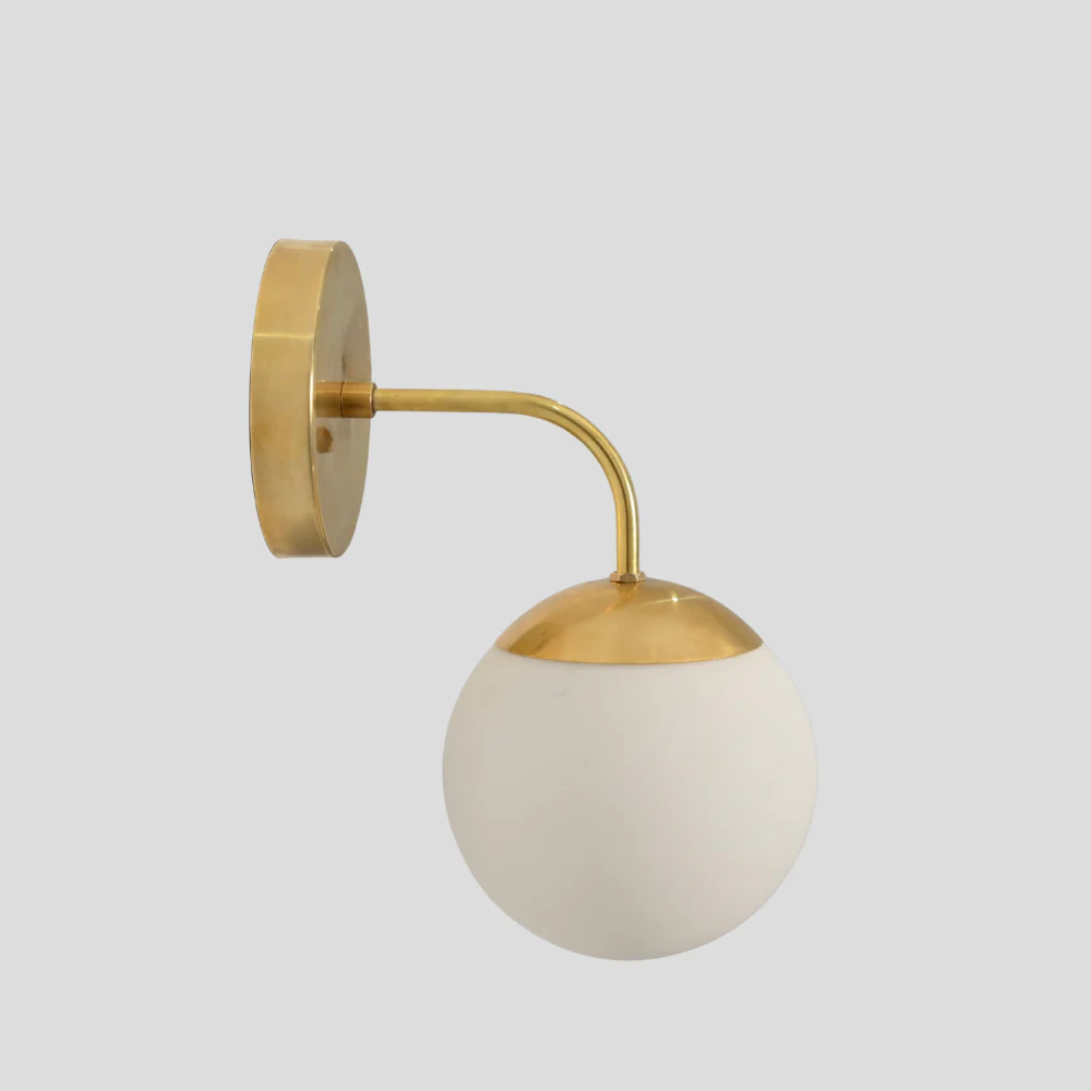 Modern Glass Globe Wall Lamp - Brass Curved Arm Sconce - Image 3