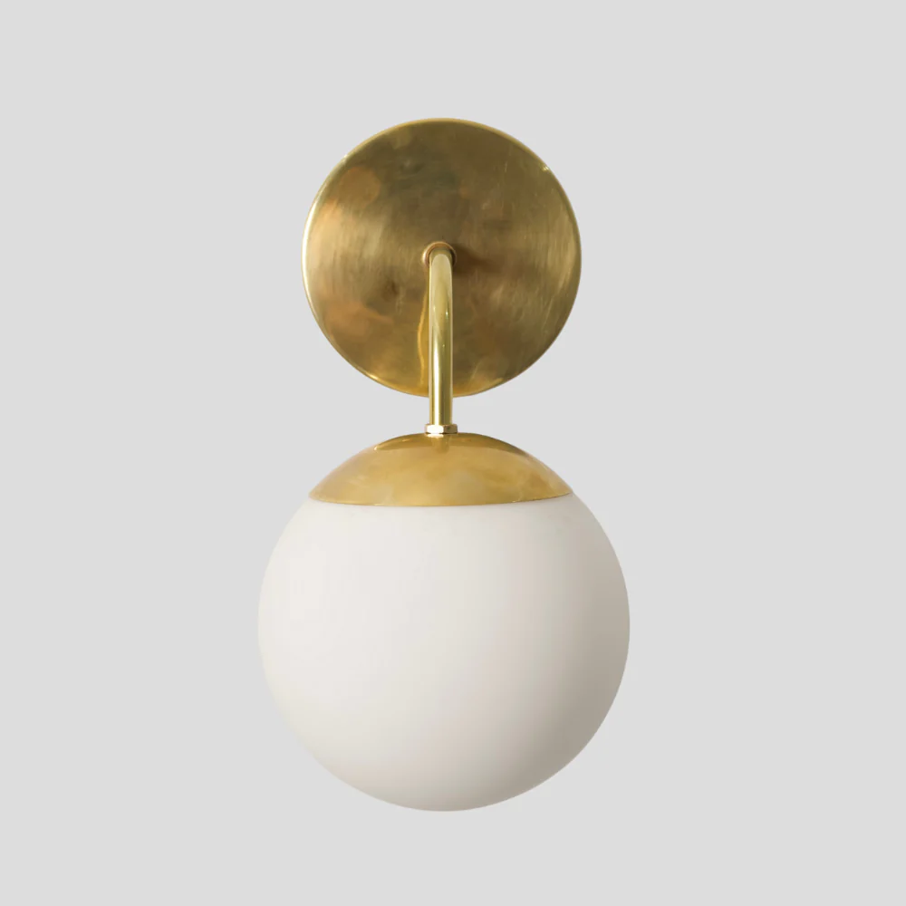 Modern Glass Globe Wall Lamp - Brass Curved Arm Sconce - Image 4
