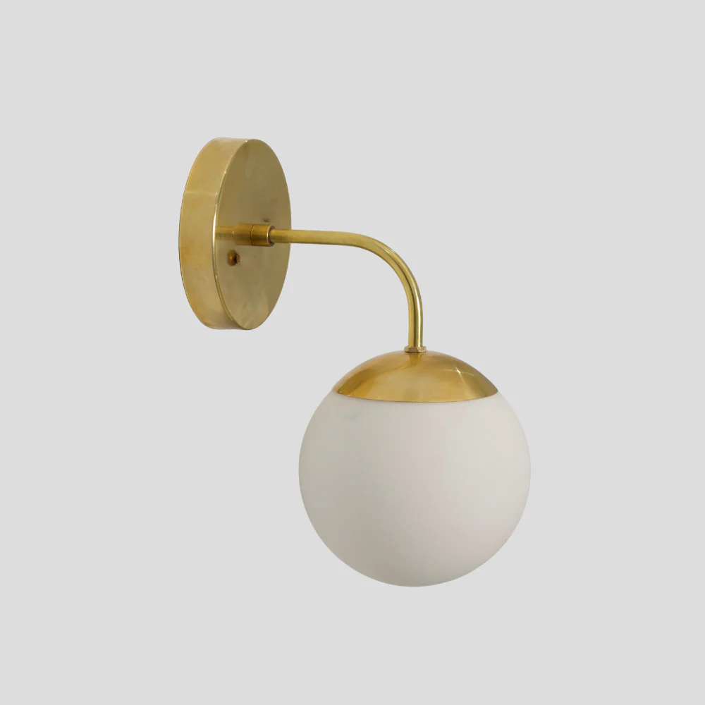Modern Glass Globe Wall Lamp - Brass Curved Arm Sconce - Image 5