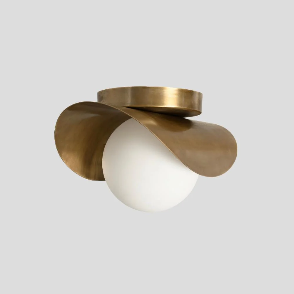 Brass Flush Mount Ceiling Light - Curved Shade & Glass Globe