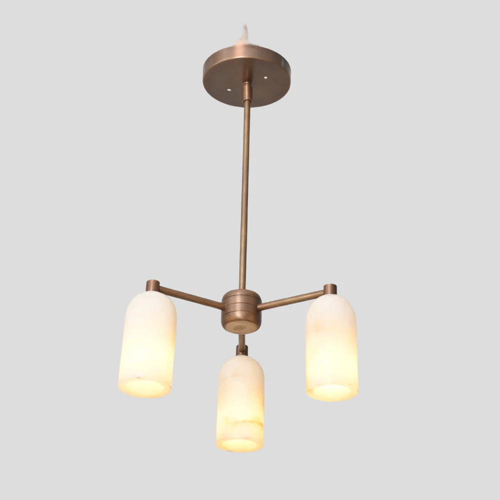 Three Alabaster Shade Pendant - Brass Marble Chandelier - Image 9
