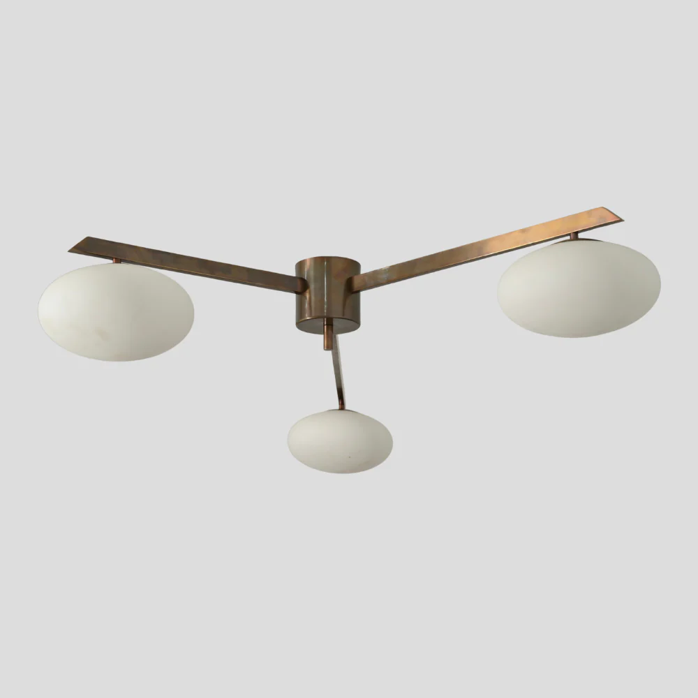 Three Arm Brass Globe Chandelier - Mid Century Flush Mount