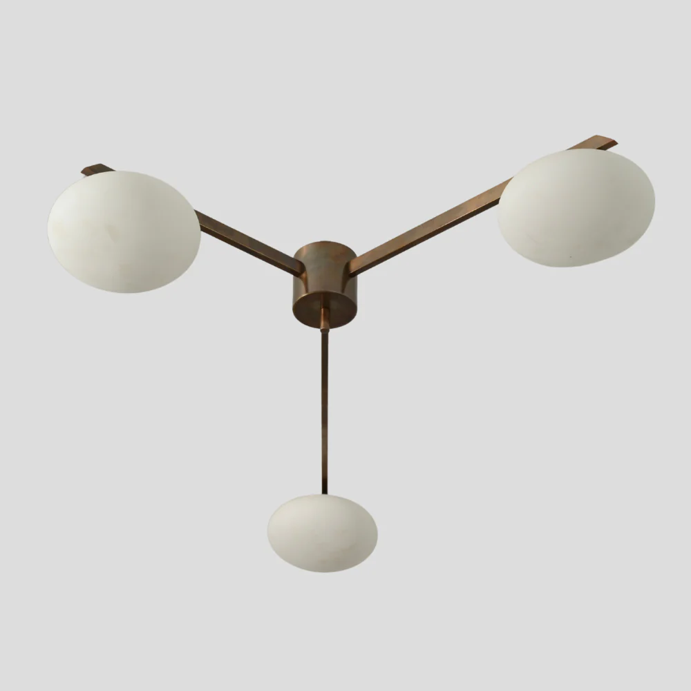 Three Arm Brass Globe Chandelier - Mid Century Flush Mount - Image 4
