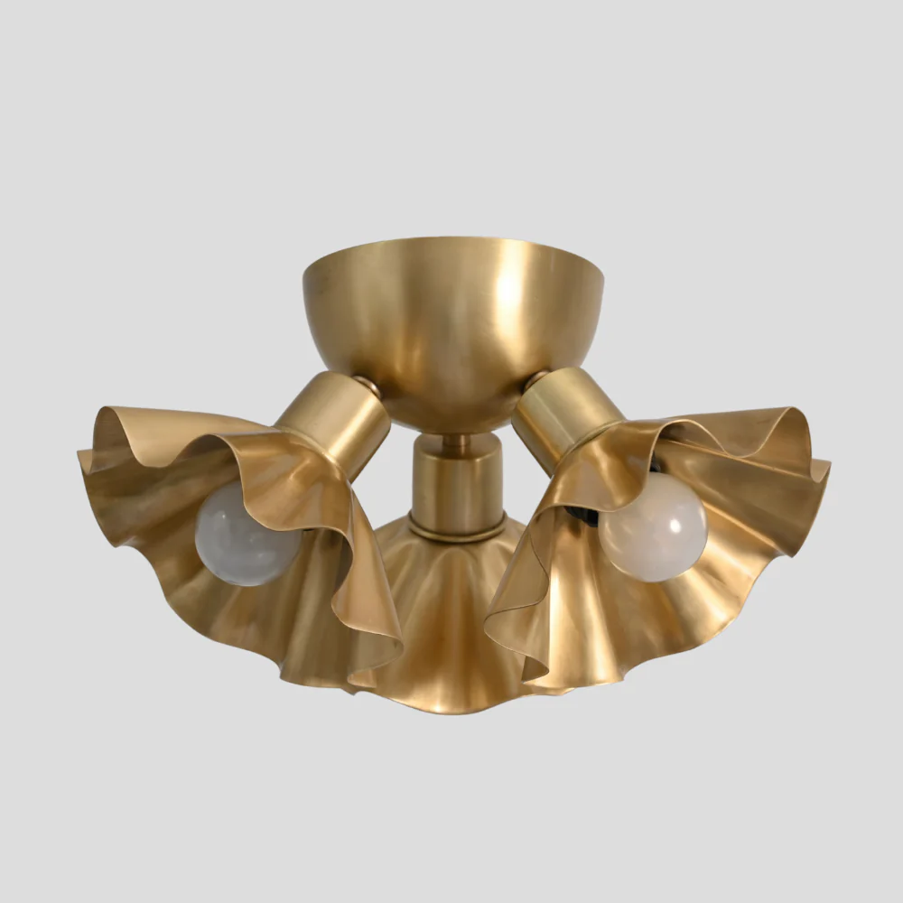 Brass Ruffled Flush Mount - Three Flower Shade Ceiling Light