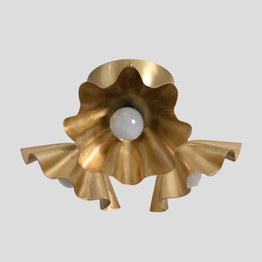 Brass Ruffled Flush Mount - Three Flower Shade Ceiling Light - Image 2