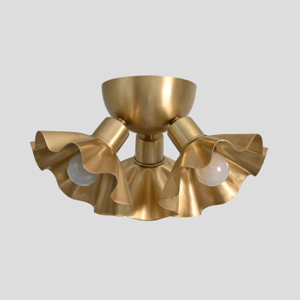 Brass Ruffled Flush Mount - Three Flower Shade Ceiling Light - Image 3
