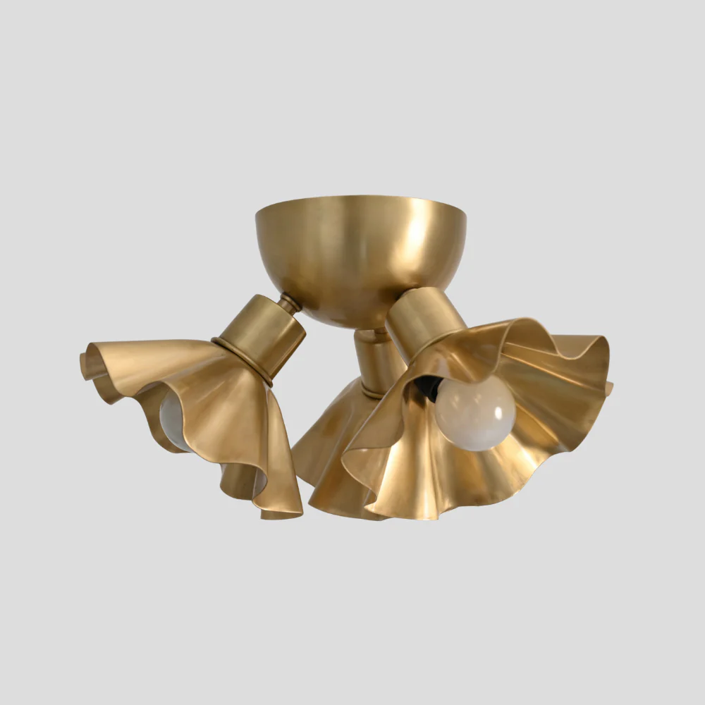 Brass Ruffled Flush Mount - Three Flower Shade Ceiling Light - Image 4
