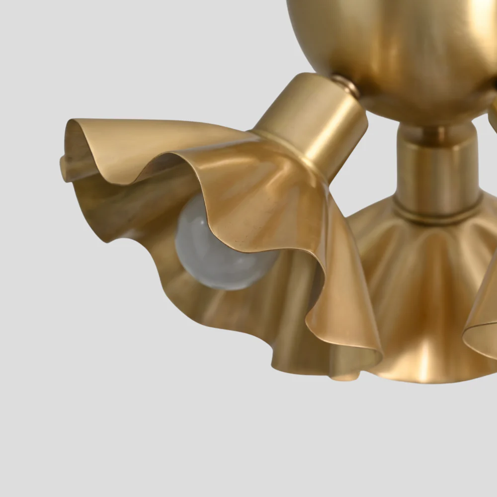 Brass Ruffled Flush Mount - Three Flower Shade Ceiling Light - Image 5