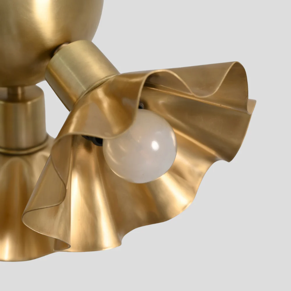Brass Ruffled Flush Mount - Three Flower Shade Ceiling Light - Image 6