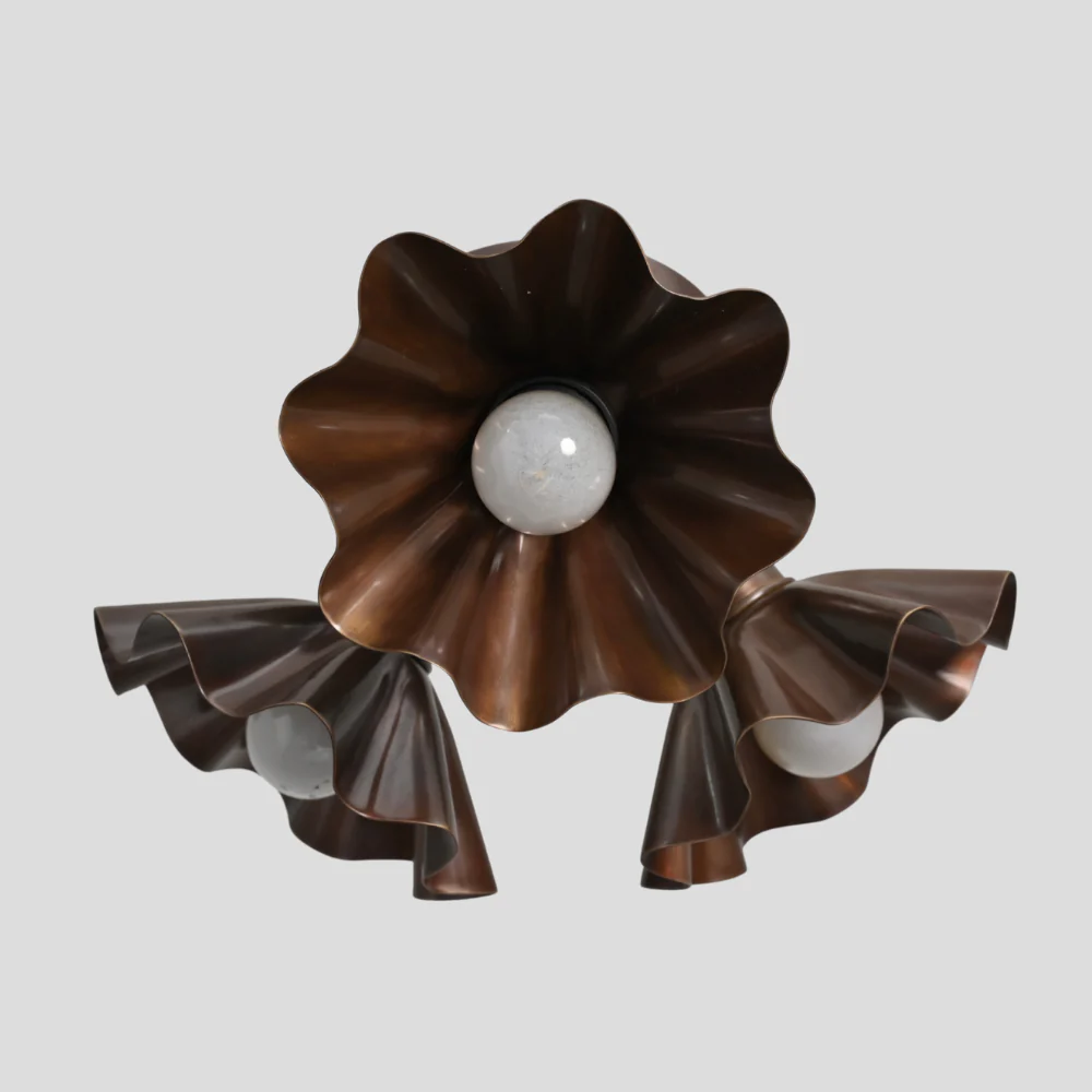 Brass Ruffled Flush Mount - Three Flower Shade Ceiling Light - Image 7