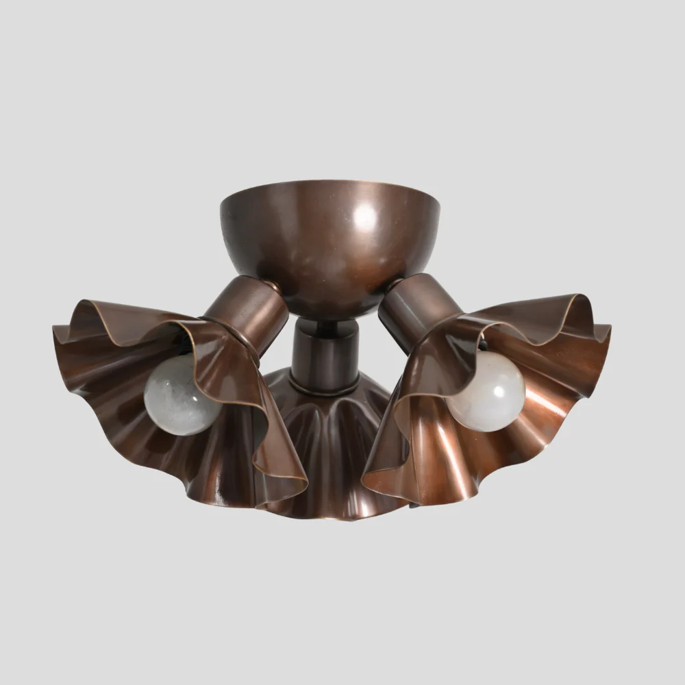 Brass Ruffled Flush Mount - Three Flower Shade Ceiling Light - Image 8