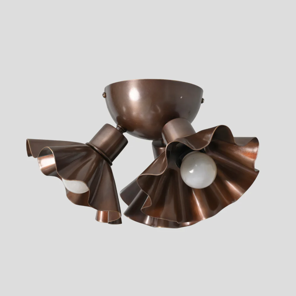 Brass Ruffled Flush Mount - Three Flower Shade Ceiling Light - Image 9