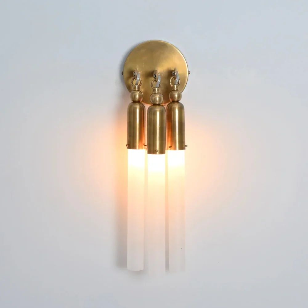 Three Brass Glass Tube Wall Sconce - Mid Century Wall Lamp